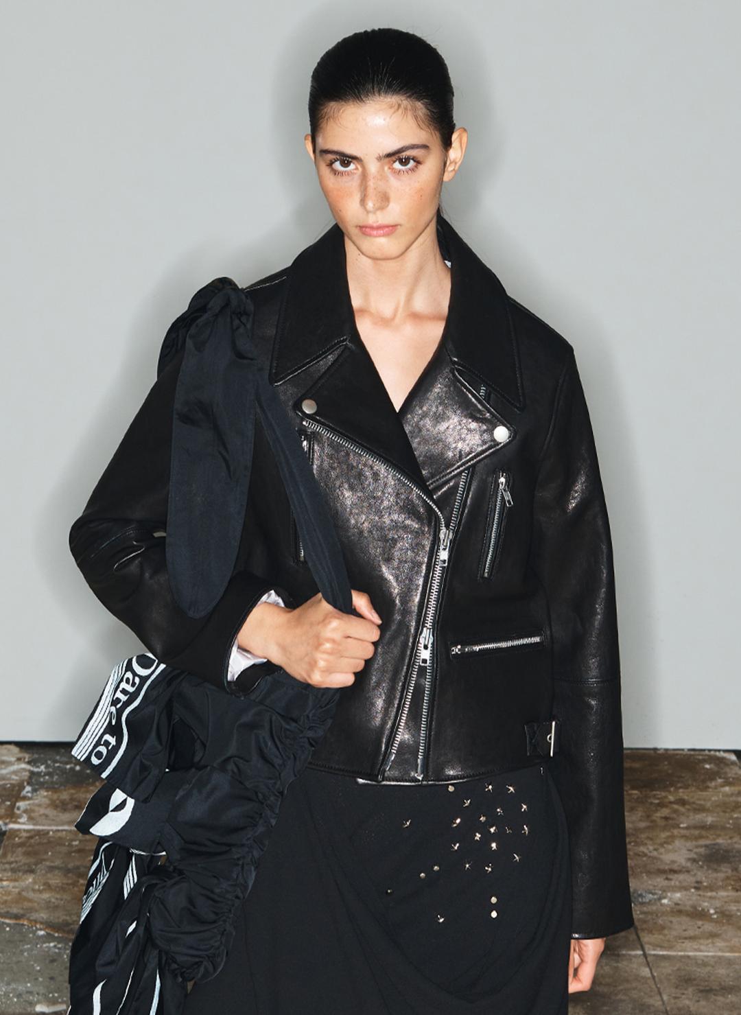 ZIPPED BIKER JACKET, BLACK