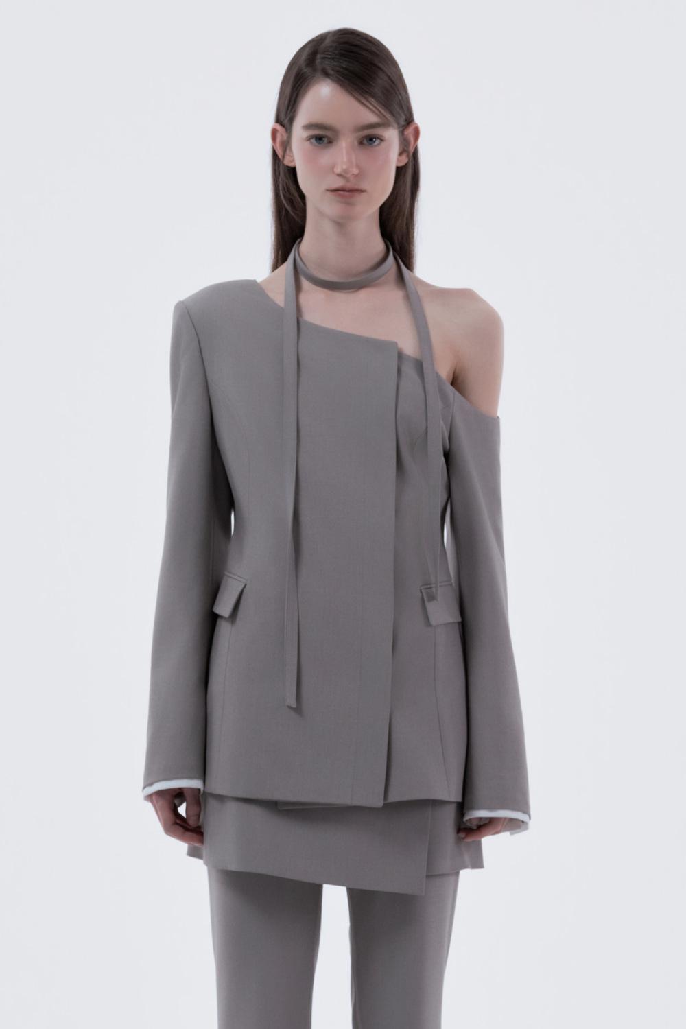 Emma String Off Shoulder Contrast Sleeve Layered Jacket - Ash Beige