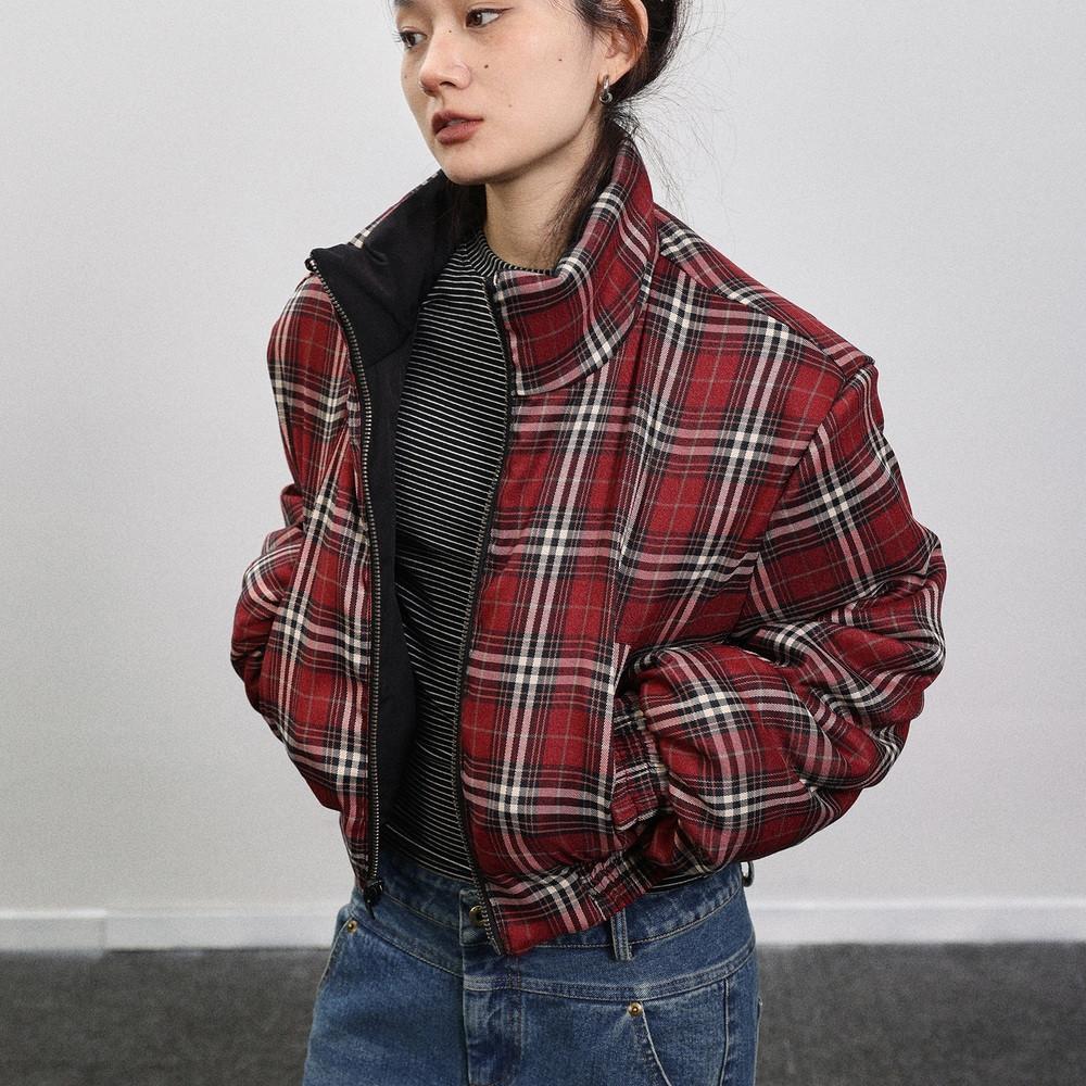 ACHIHARA 체크무늬 크롭 봄버 패딩 자켓 블랙 리버서블 레드