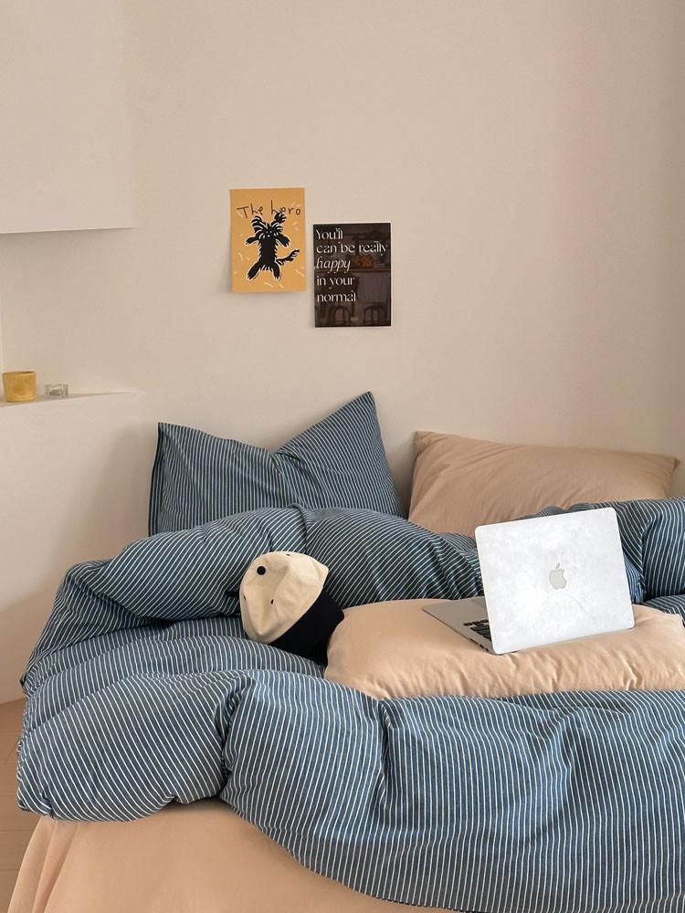 블루 그린 스트라이프 코튼 침구 커버 세트 4피스