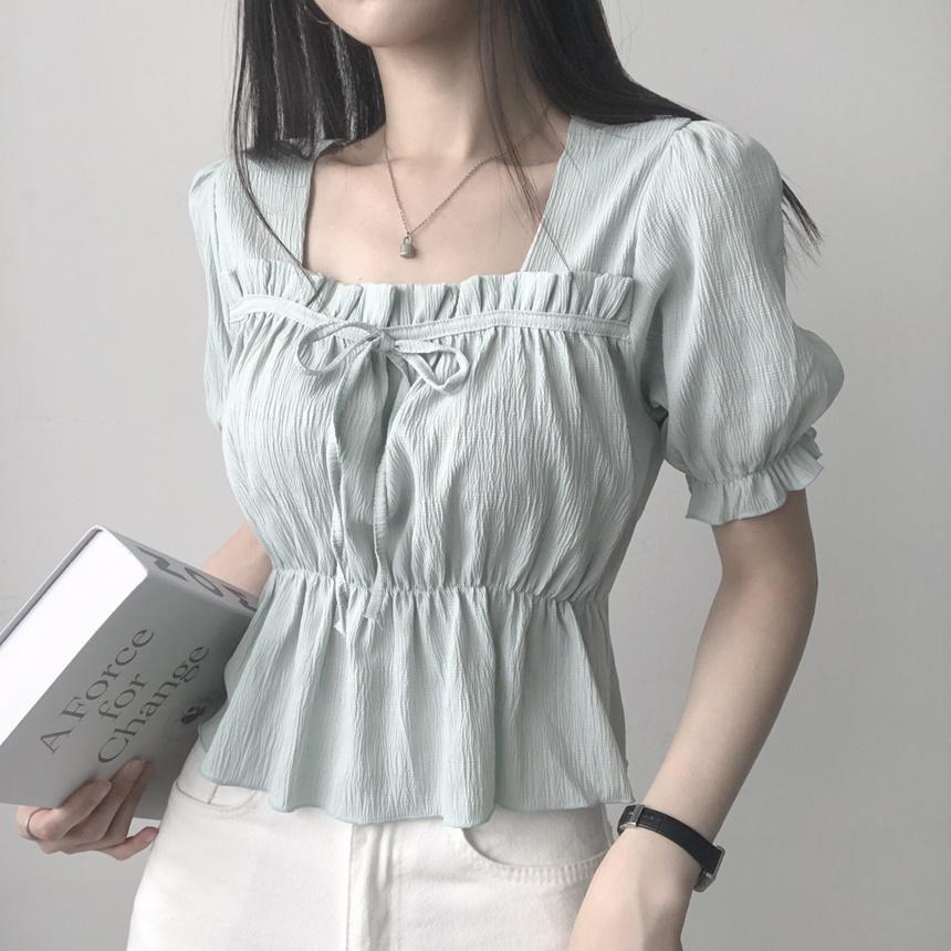 리리의감각 [예뻐요!] 스퀘어 하트넥 허리스트링 반팔 블라우스