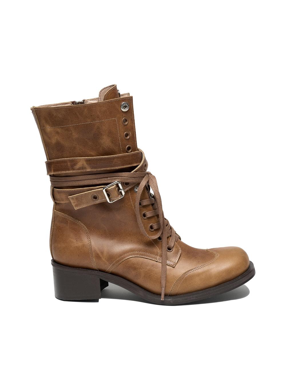[WOMEN] LEATHER BUCKLE STRAP LACE-UP BOOTS_CAMEL
