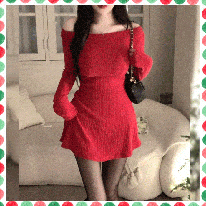 릴스핏🎄 오프숄더 플레어 A라인핏 골지니트 미니원피스
