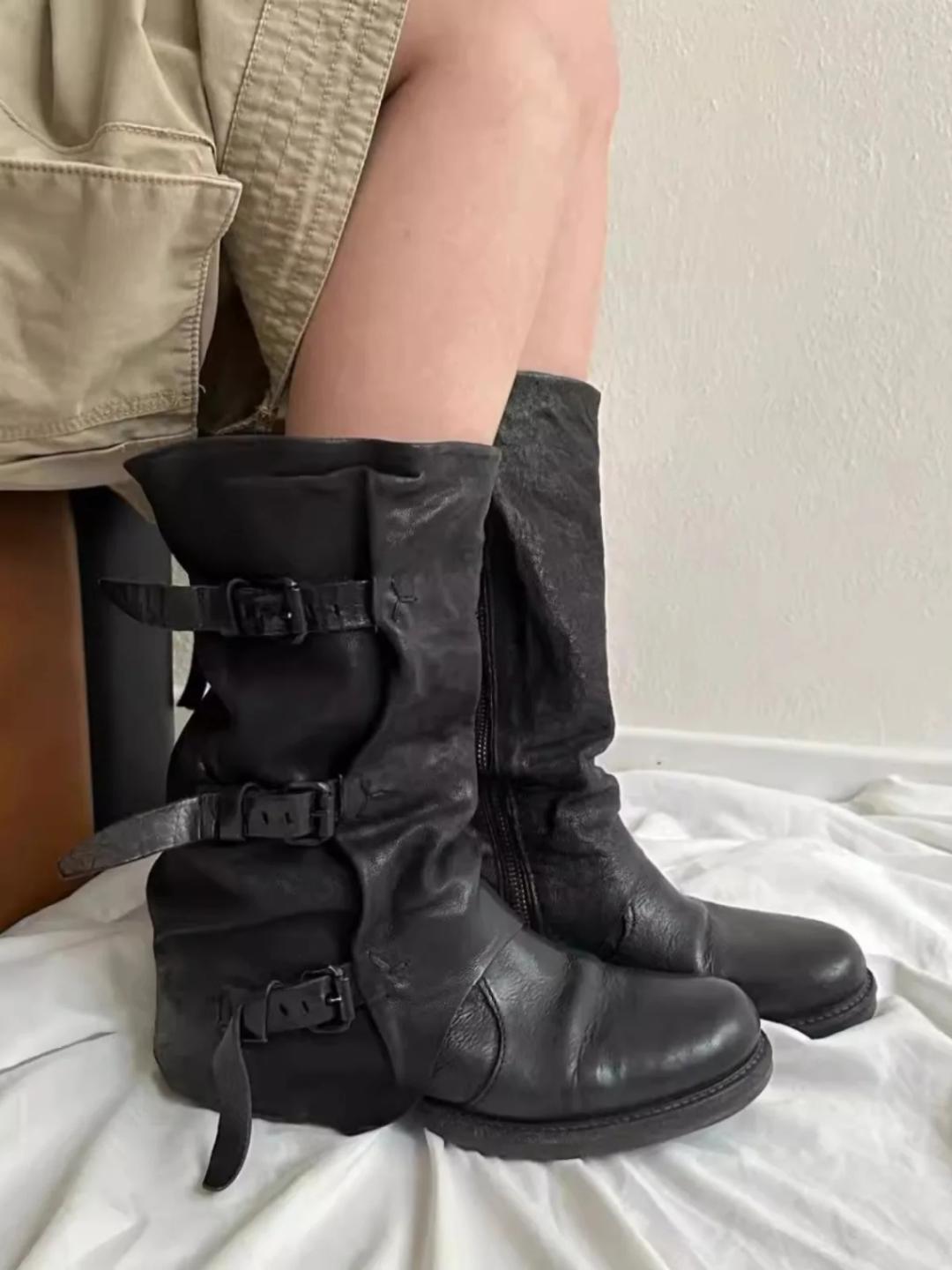 틈새 고민 된 빈티지 서양 데님 부츠 여성 Mid-Calf 부츠 2024 새로운 스타일 유행 인공 가죽 접착제 신발