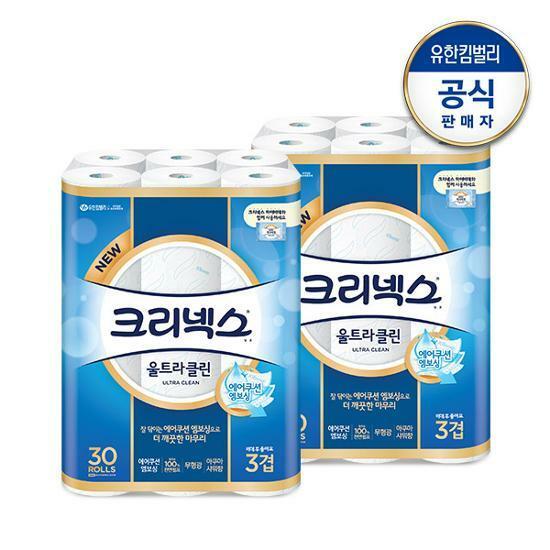 크리넥스 3겹 천연펄프 울트라클린 화장지 27M 30롤+30롤