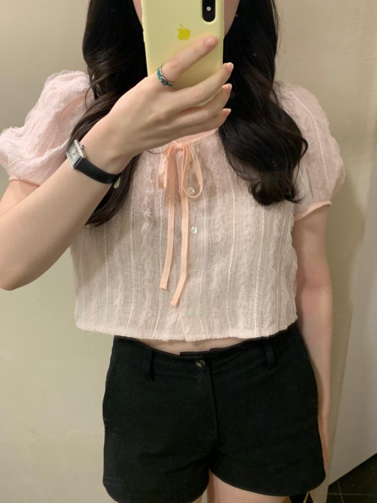 쉘 블라우스 반팔 퍼프 레이스 리본블라우스 크롭블라우스