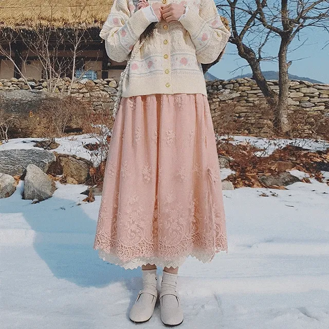 릴리아 롱 스커트 리본 레이스 자수 밴딩 고무줄 치마 빅사이즈 빈티지 러블리