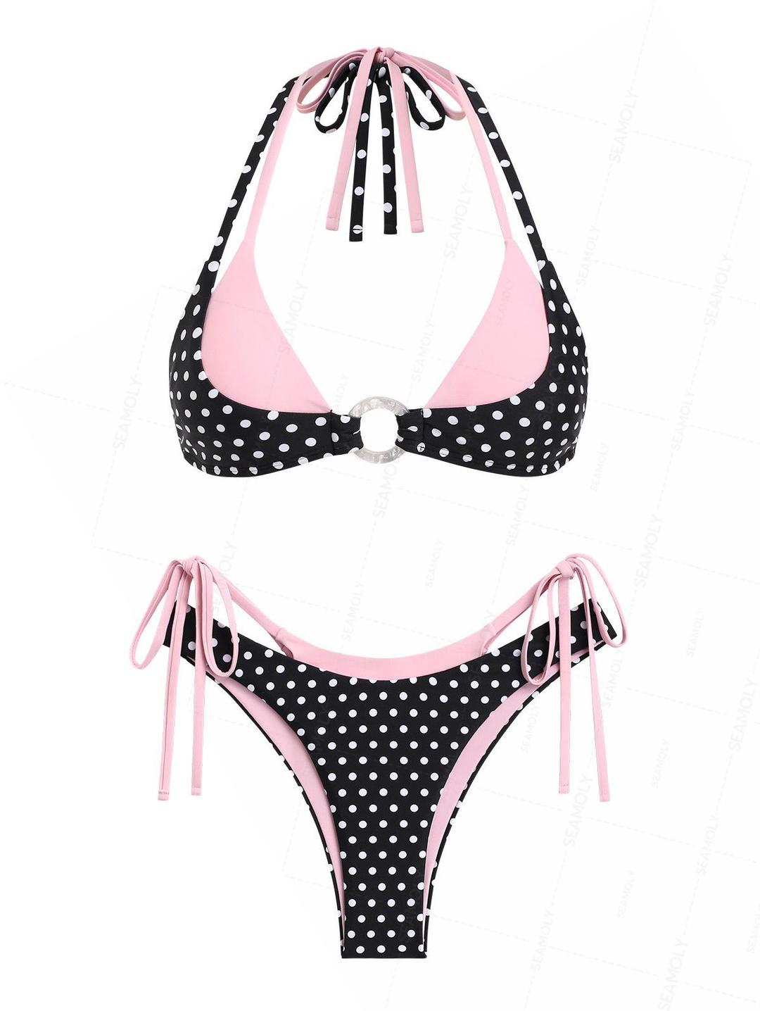 Seamolly Contrast Color Polka Dot Print O Ring Double Layer Bikini Set