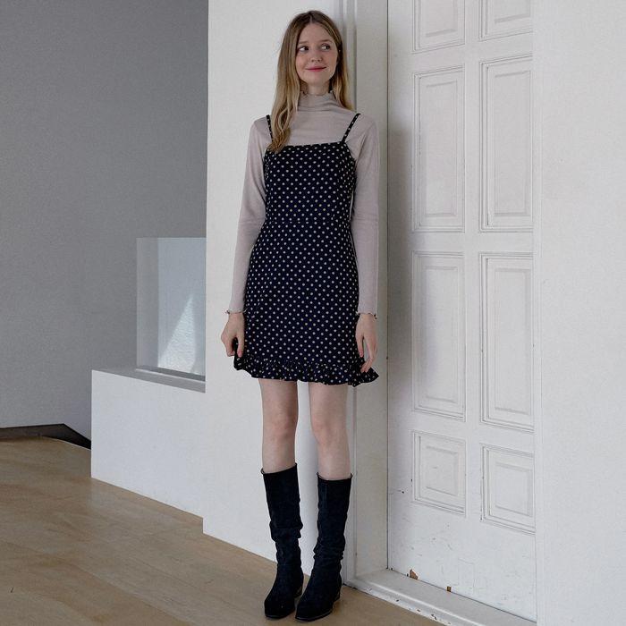 Frill Mini Dot Sleeveless Dress - NAVY