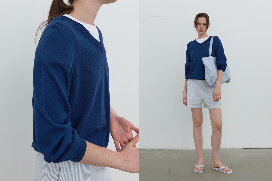 Linen wholegarment v-neck knit (cobalt blue)