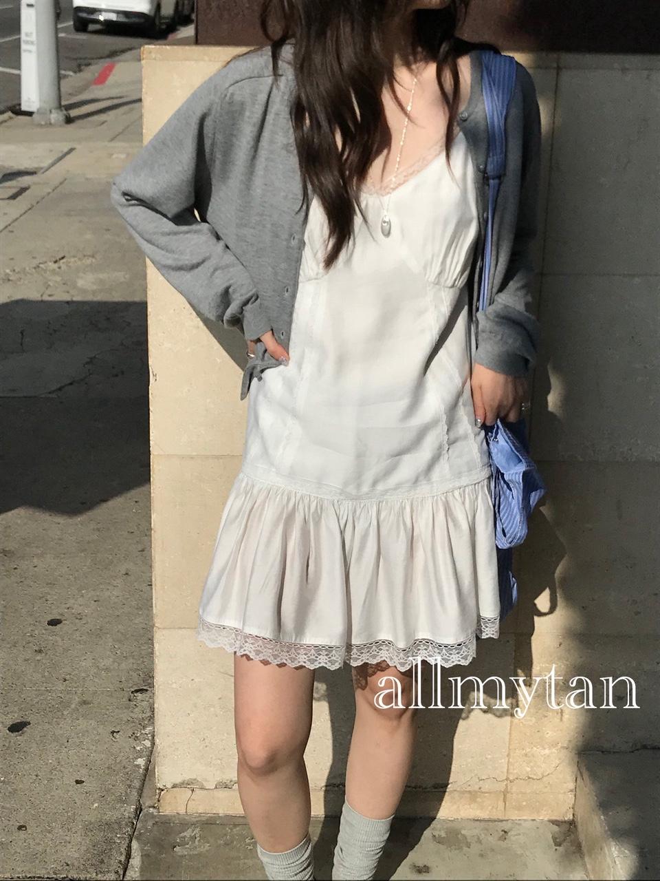 올마이탄 당일 / 베르가못 코어 원피스 끈나시 레이스 v넥 셔링 미니 ops (2col)