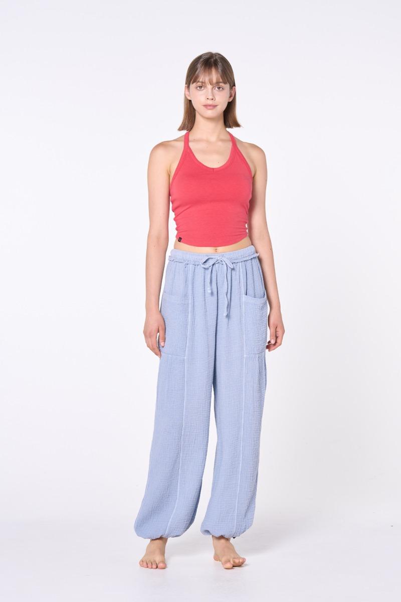 OZPN2141 코튼 요루 와이드 스트링 팬츠 - 그레이 블루