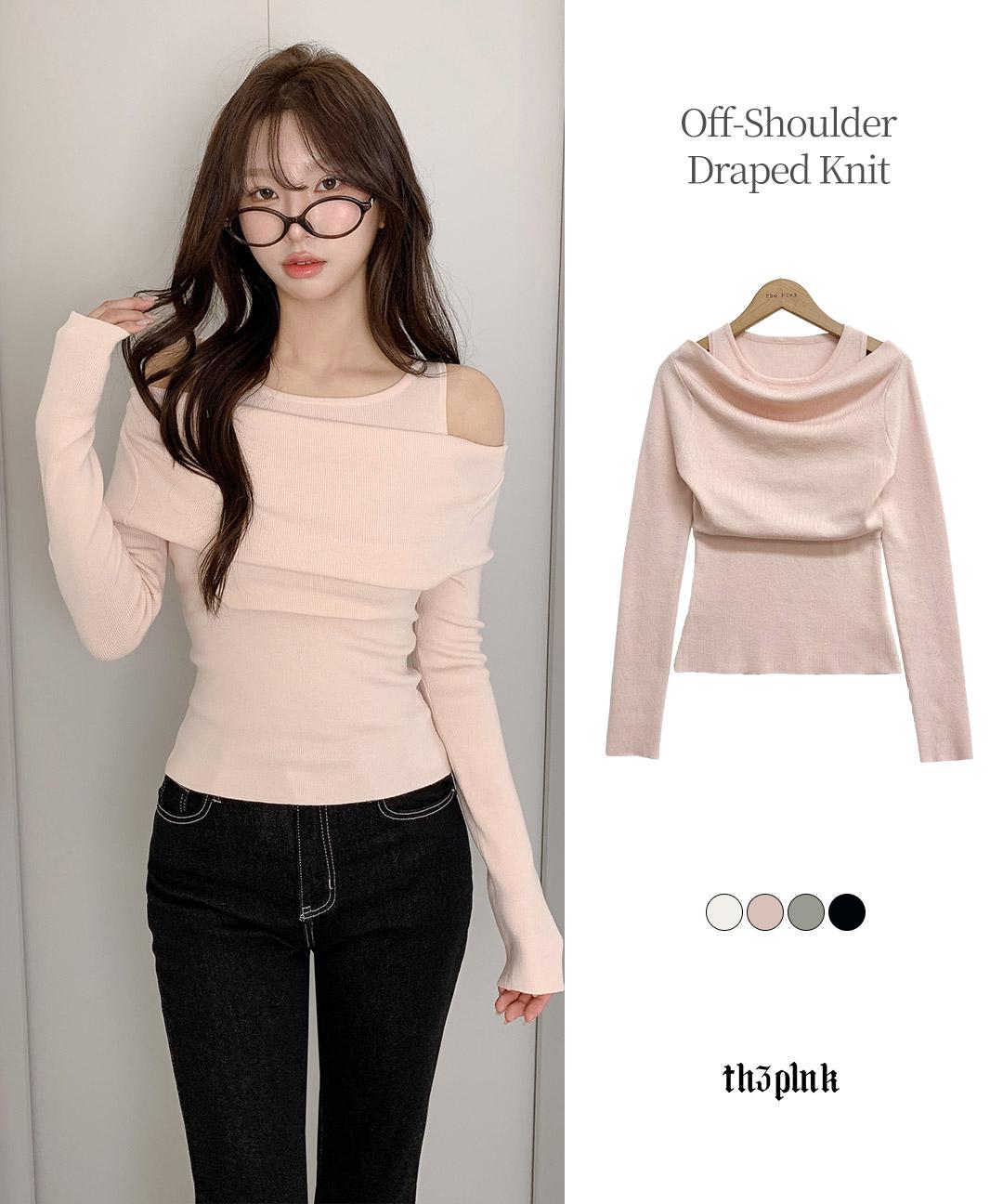 더핑크 [페미닌무드/일체형] 레샤 슬림핏 드레이프 셔링 오프숄더 레이어드 니트 (4color)