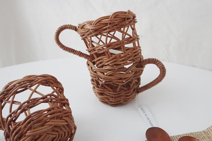 라탄 컵 홀더 티코스터 우드 나무 손잡이 받침대