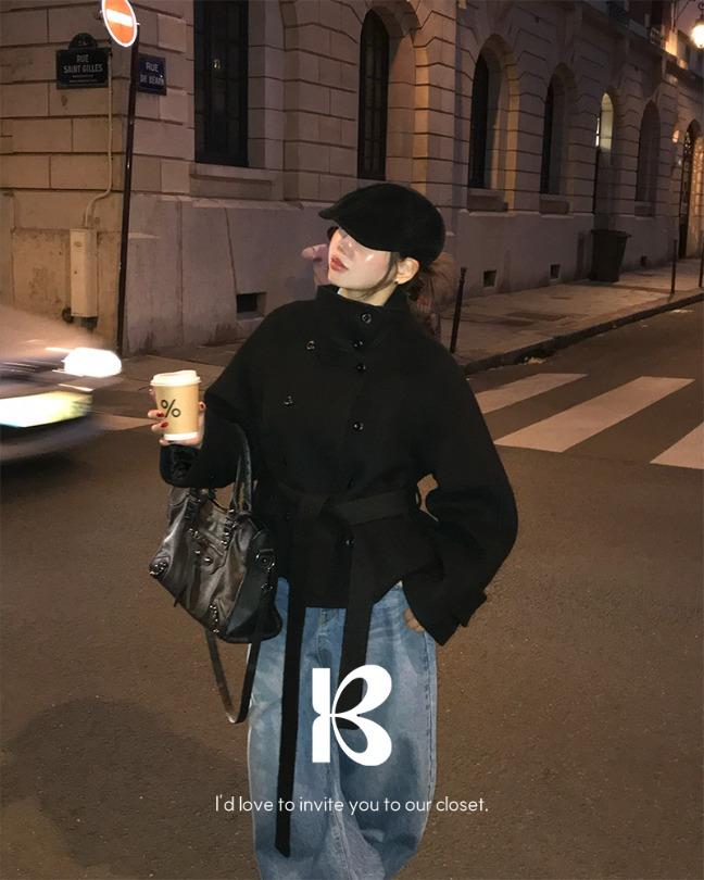 [당일출고][MADE/울90%]센터 허리끈 울 숏 코트