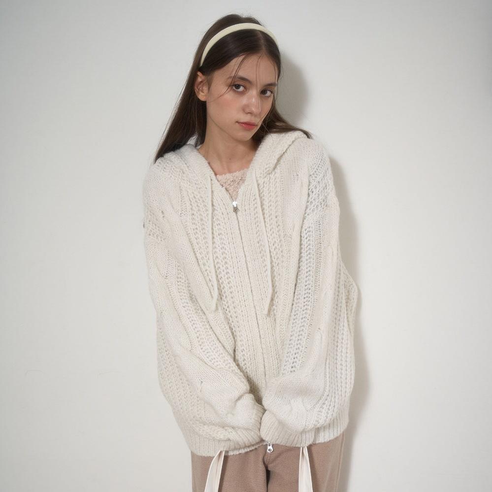 CABLE KNIT HOOD ZIP-UP-CREAM
