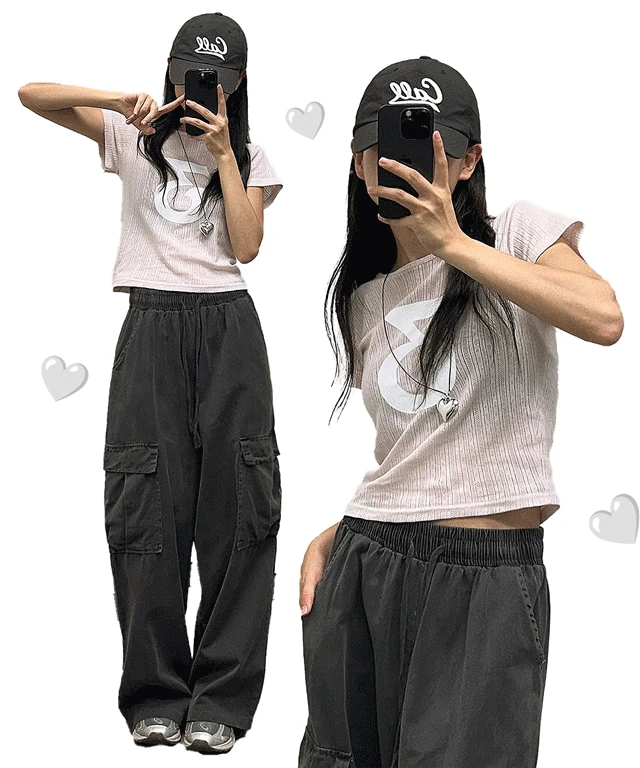 [색감맛집💓] 쿠잉 넘버 자가드 프린팅 라운드넥 펀칭 세미크롭 반팔 티셔츠