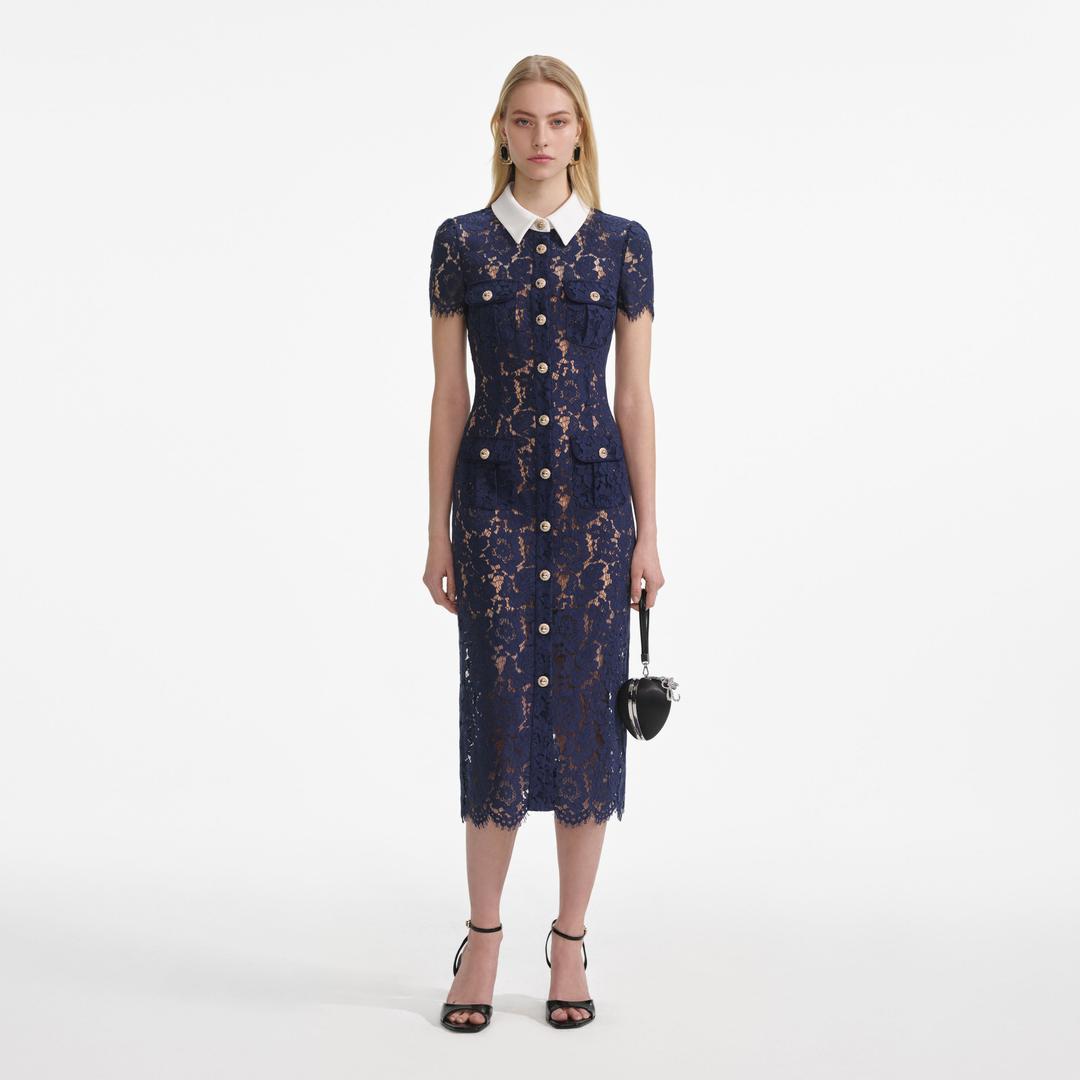 Navy Lace Contrast Collar Midi Dress - UK 4