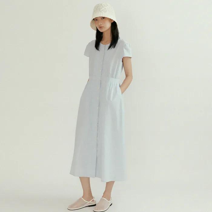 stripe button shirring dress-stripe