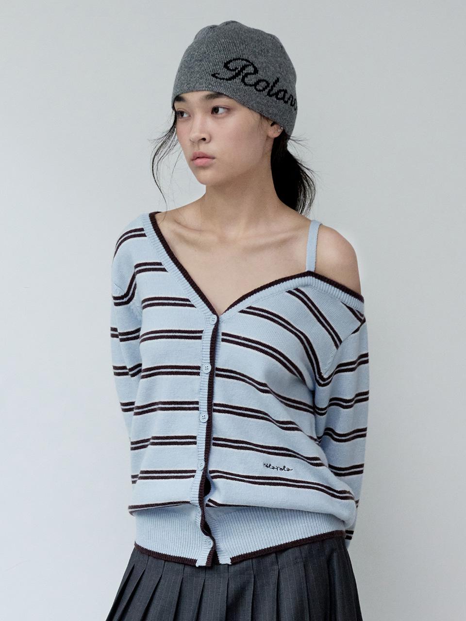 ONE OFF SHOULDER STRIPE WOOL BLENDED CARDIGAN BLUE