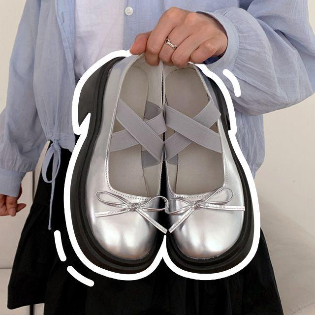 메리제인 리본 로퍼 키높이 청키 통굽 실버 미들 힐 플랫폼 ds-0474