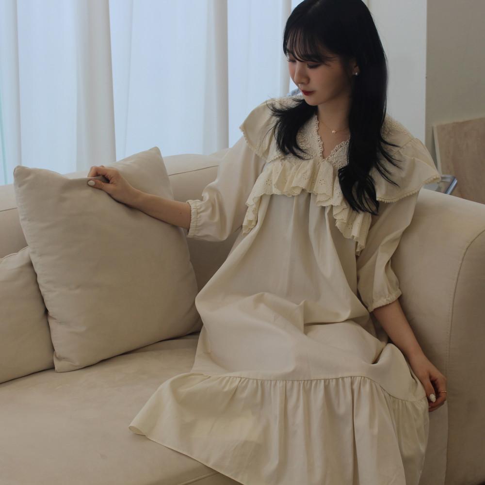 레이스 원피스 잠옷 순면 100% 친환경 머드 천연염색 베이지 민감성피부 국내자체제작