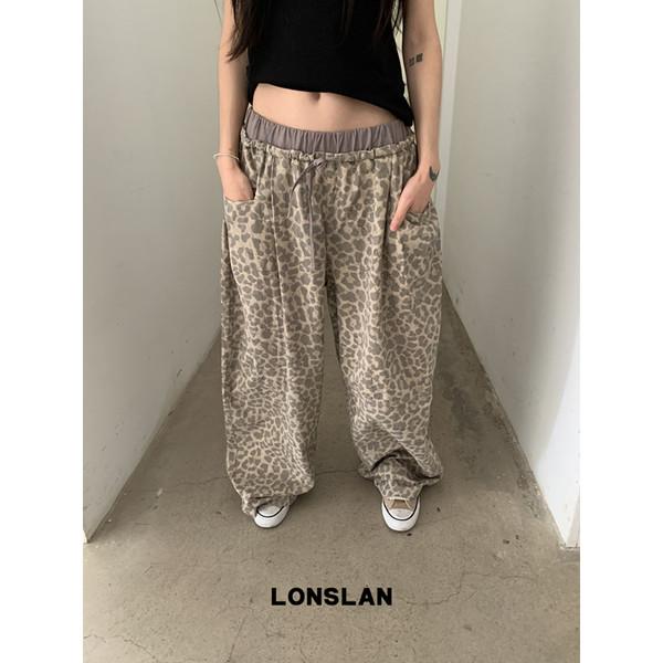 LONSLAN Waistband stitching leopard print wide-leg pants