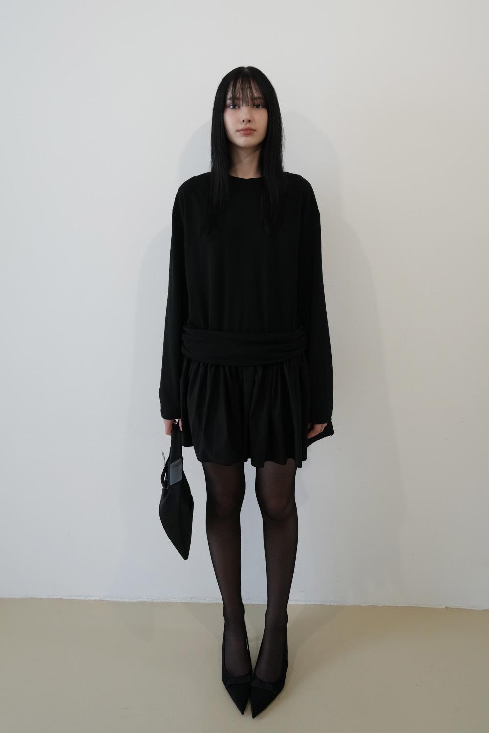 Shirring Flare Layered Dress-Black