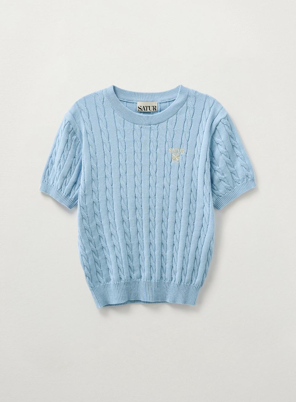 (W) Cable Crew Neck Half Knit - Sky Blue