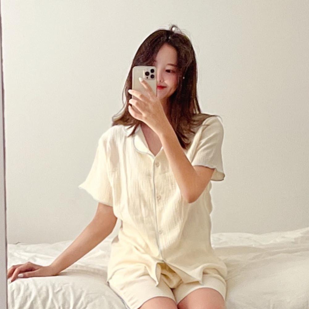 [바지주머니 있음] 거즈면 사르르 바닐라 투피스 잠옷 파자마