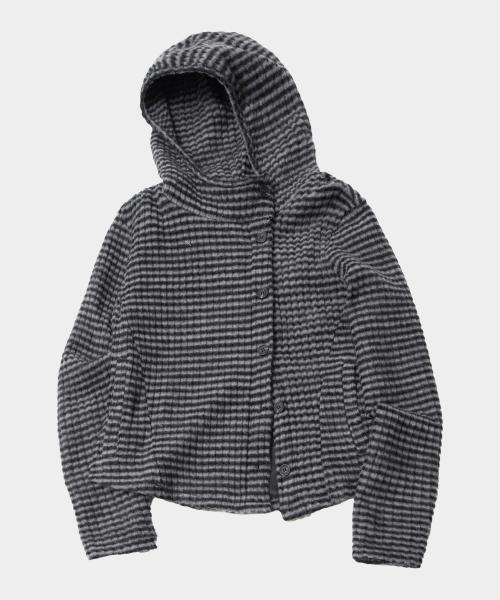 웨이브 스트라이프 하이넥 후드 스냅 니트 가디건 자켓 [블랙]