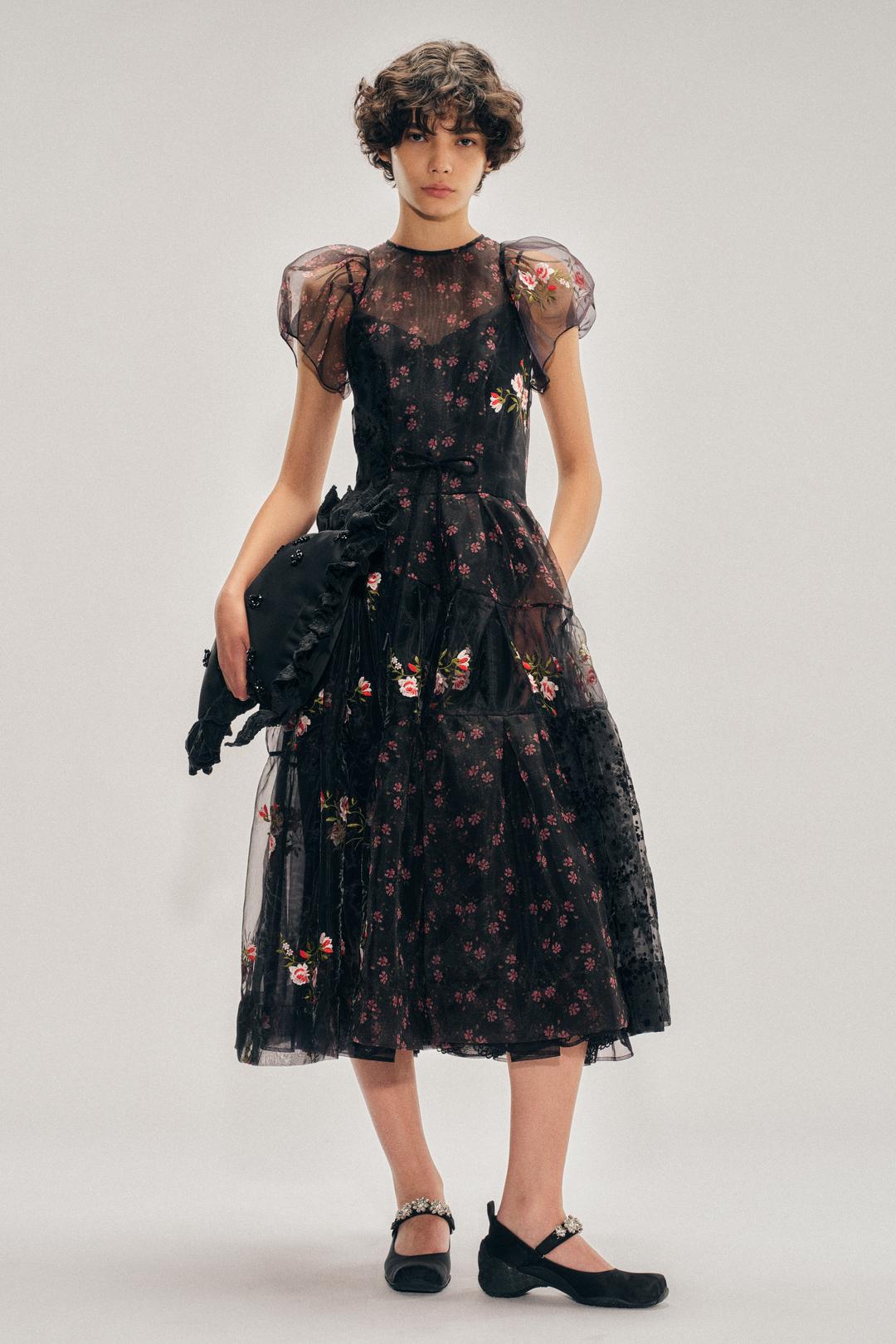 Sheer Puff Sleeve Patchwork Flounce Dress - Black Patchwork/Black / 4