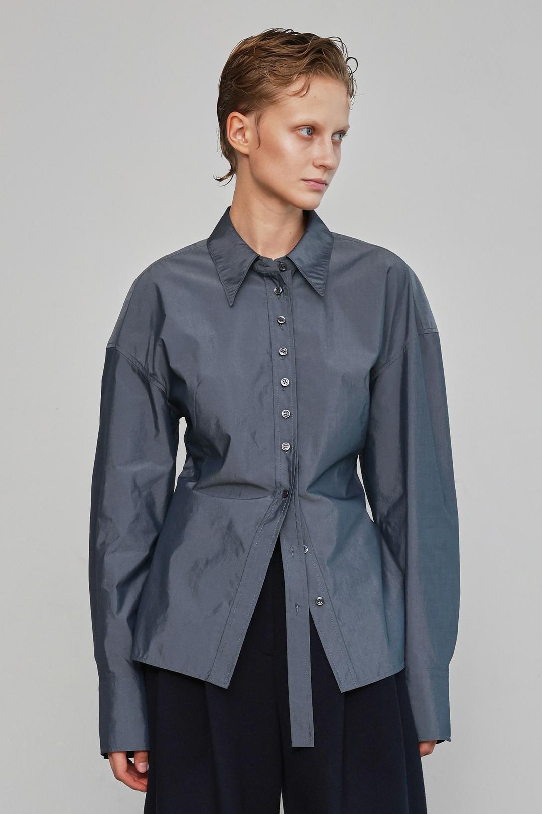 Fit & Flare Smoking Embroidery Blouse _ Greyish Navy