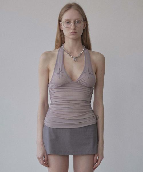 Beaded Mesh Halter Top Pale Purple