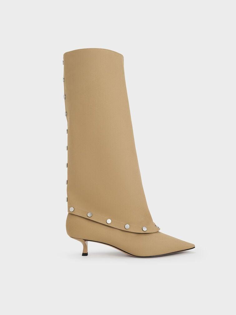 Gael Twill Studded Convertible Kitten-Heel Knee-High Boots