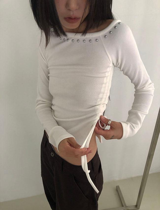 리베트 스터드 언발셔링 오프숄더 티셔츠 (3color)