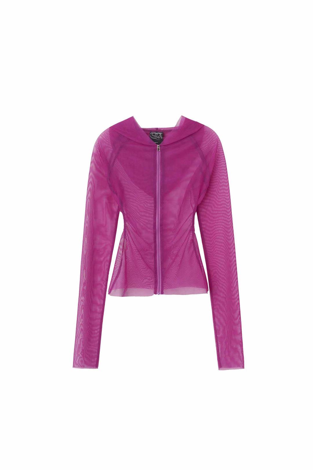 Mesh Shirring Zip Up Hoodie Fuchsia