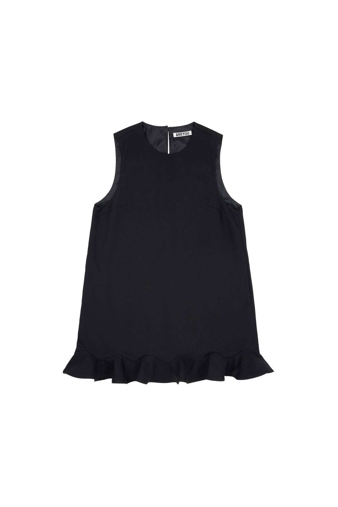 WOOL RUFFLE SLEEVELESS MINI DRESS, BLACK