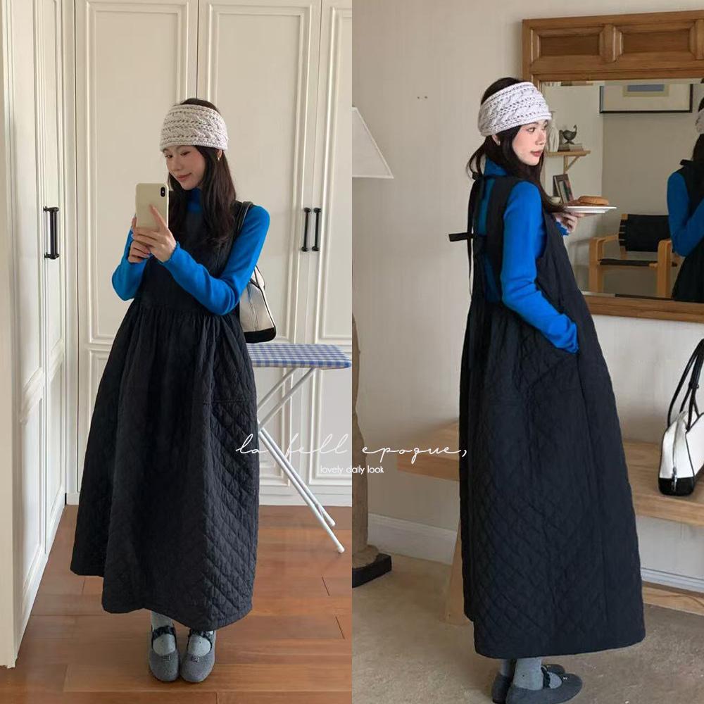 태리 가을 겨울 퀄팅 누빔 백리본 레이어드 벌룬 원피스