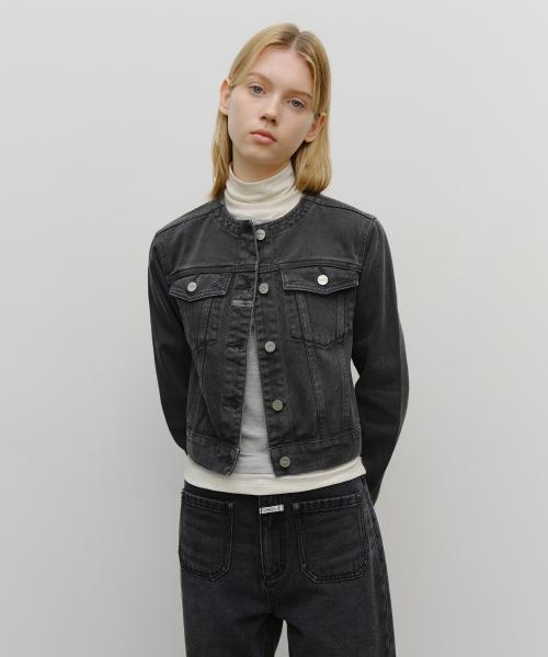 W COLLARLESS DENIM JACKET dark gray