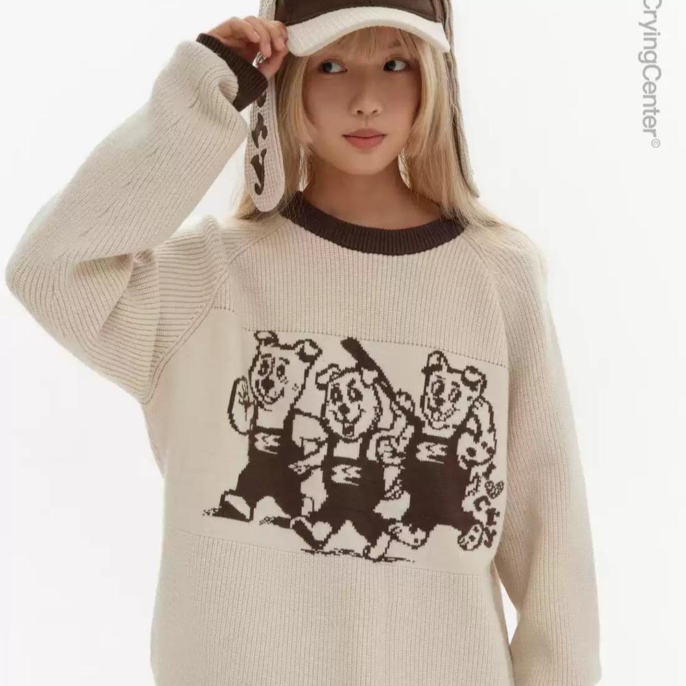 CryingCenter 크라잉센터 강아지 배색 니트 라운드넥 루즈핏 스웨터