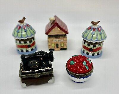 Lot Of 5 Trinket Boxes Sewing Machine Bird House Log Cabin Bowl Of Cherries
