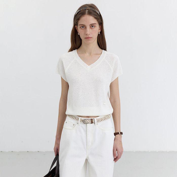 SUMMER LINEN V-NECK KNIT NATURAL CREAM_UDSW5B233CR