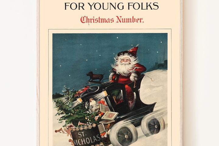 크리스마스 썰매타는 산타 성탄절 잡지 빈티지 포스터