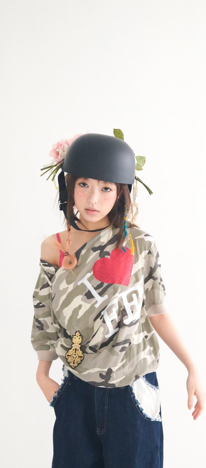 샵페어리 넥 버튼 카모 티셔츠 | 후루츠패밀리