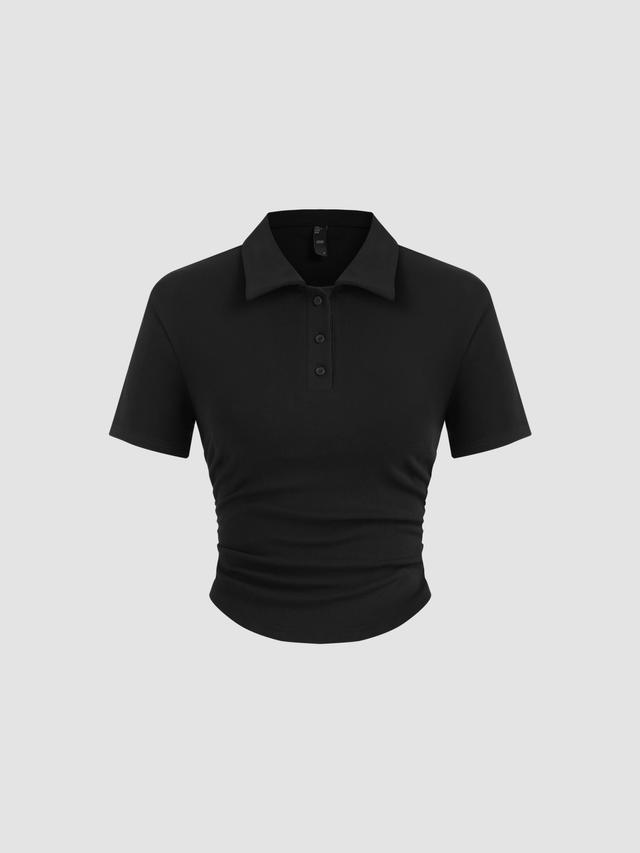 Cotton-blend Collar Solid Ruched Button Short Sleeve Top