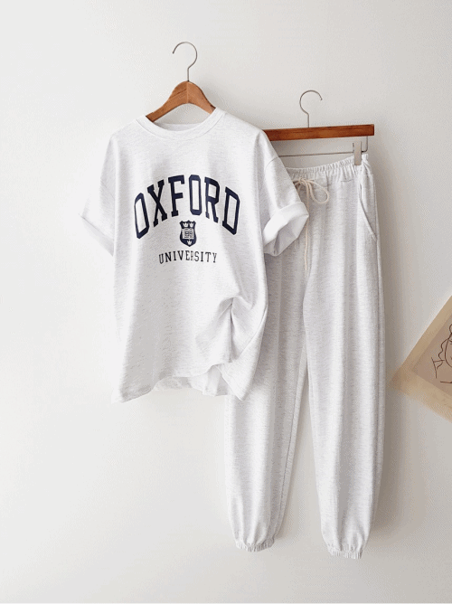 원마일룩SET/ 심플 레터링 포인트 루즈핏 반팔 티셔츠 밴딩 조거팬츠 트레이닝바지 투피스 여름 데일리 트레이닝복 운동복 체육복 추리닝 세트