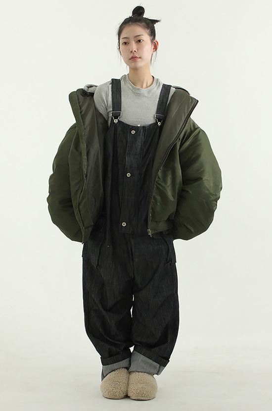 scratched raw denim overall (unisex)