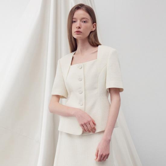 SQUARE NECK HALF SLEEVES TWEED JACKET IVORY