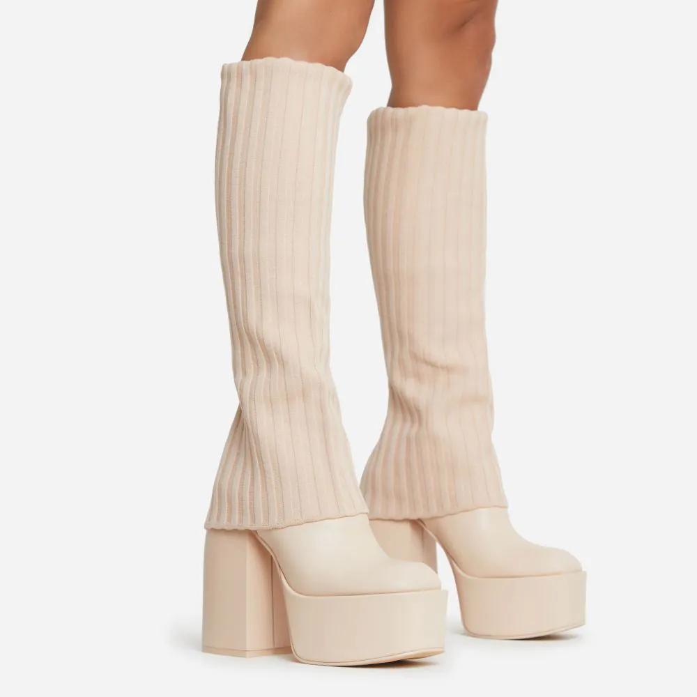 Leila Layered Knit Detail Square Toe Platform Block Heel Calf Boot In Nude Faux Leather